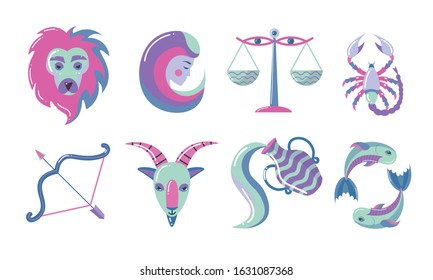 Set of isolated purple zodiac signs vector illustration