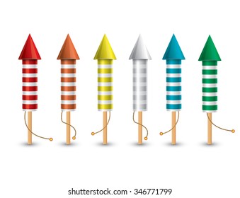 Conjunto de cohetes pirotécnicos aislados sobre fondo blanco. Ilustración vectorial. Colección de 6 cohetes de colores diferentes.