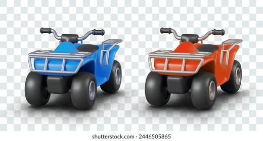 Set of isolated quad bikes of different colors. Sports vehicles for competition