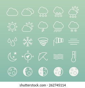 Set of Isolated Quality Universal Standard Minimal Simple White Weather Thin Line Icons on Color Background.