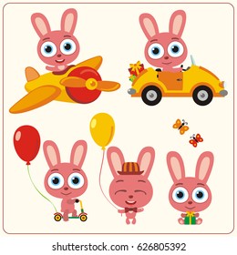 Set isolated rabbit for holiday design: in airplane, car, with balloons and gifts.
