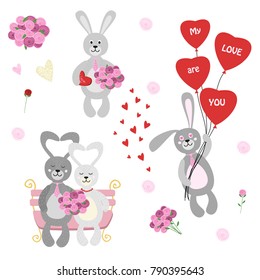 set of isolated rabbits, lovebirds, flowers, balloon and chocolate. Vector illustration. part 2