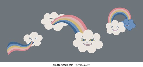 Set of isolated rainbow clouds icons. Cute collection of weather illustrations. Vector design elements of cute rain cloud etc.