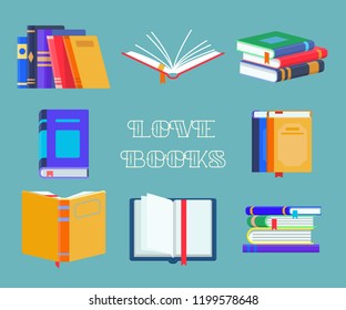 Set of isolated reading book icons. Opened notebook with bookmarks and stack or pile of education textbook, heap of literature or documents. Publication and study, learning and publishing