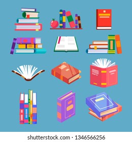 Set of isolated reading book icons. Opened book notebook with bookmarks. Literature for study or education icons. Library and school, university, publication elements. 