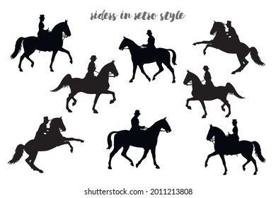 set, isolated realistic black silhouettes riders on a white background