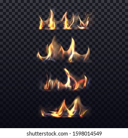 Set of isolated realistic bonfire or 3d flame on transparent background. Blazing gas fire or paper, wood, leaves burn. Ignition or energy clipart. Balefire or lit, flash and flaming. Danger sign