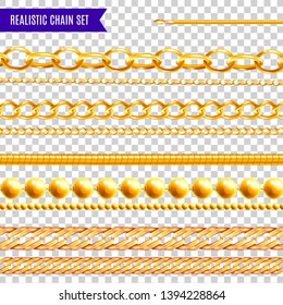 Set of isolated realistic chain transparent colourful images with golden jewelry various patterns and different shapes vector illustration