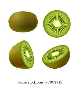 Set of isolated realistic colored whole, half and circle of green juicy kiwi on white background. Realistic fruit collection