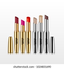 Set of isolated realistic cosmetic golden and metallic lipsticks. Vector 3d illustration for design placard, presentation, banners and cover.
