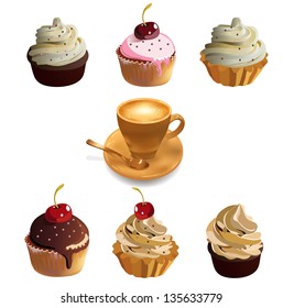 Set of isolated realistic cupcake with cup of coffee. Vector illustration