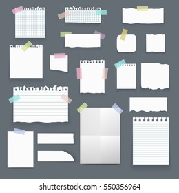 Set of isolated realistic empty vector paper poster mockup, notes, sticky, banners and pieces of paper with ripped edges on grey background.  