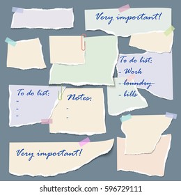 Set of isolated realistic empty vector paper poster mockup, notes, sticky,  banners and pieces of paper with ripped edges and  clips on background.