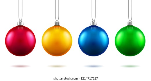 Set of isolated realistic fir tree toys hanging on rope. Baubles for 2019 new year and christmas decoration, 3d spheres with shadows for winter holidays or festive. Greeting card and tree ornament