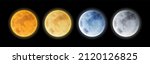 Set of isolated realistic full moon at night. Yellow and gray, blue and dark satellite sphere icons. Glowing round planet or midnight luna landscape with crater, moonlight. Astronomy and space theme