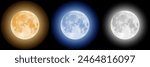 Set of isolated realistic full moon at night. Yellow and gray, blue and dark satellite sphere icons. Glowing round planet or midnight luna landscape with crater, moonlight. Astronomy and space theme