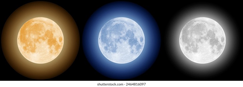 Set of isolated realistic full moon at night. Yellow and gray, blue and dark satellite sphere icons. Glowing round planet or midnight luna landscape with crater, moonlight. Astronomy and space theme