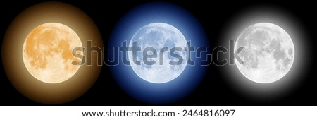 Set of isolated realistic full moon at night. Yellow and gray, blue and dark satellite sphere icons. Glowing round planet or midnight luna landscape with crater, moonlight. Astronomy and space theme