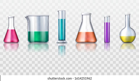 Set of isolated realistic glassware flask or glass beaker on transparent background. 3d test tube for lab or laboratory test-tube. Experiment or research equipment. Biology, science, pharmacy analysis