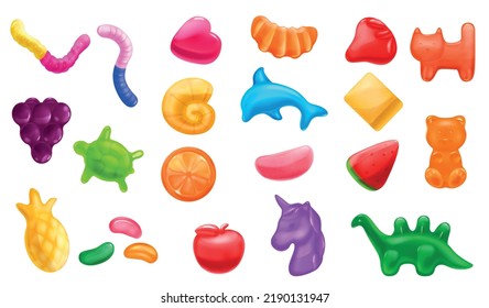 Set with isolated realistic images of chewy jelly vitamin containing candies of different flavor and shape vector illustration