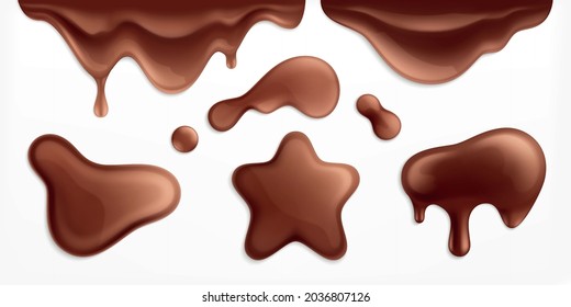 Set of isolated realistic images of chocolate blots with brown splashes and spots on blank background vector illustration