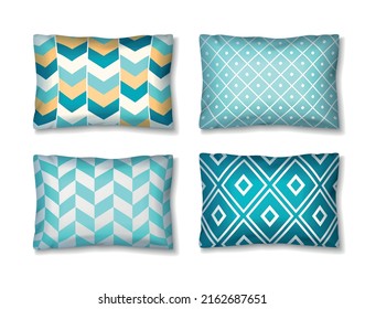 Set of isolated realistic images with pillows of different color and pattern ornaments on blank background vector illustration