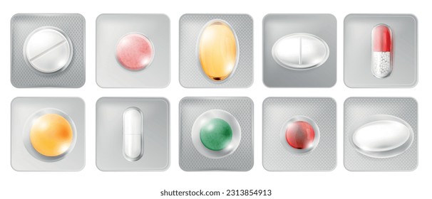 Set of isolated realistic images with top view of single pills and capsules in silver blisters vector illustration