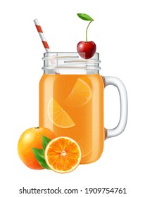 Set of isolated realistic jar images with smoothie cocktails fruit slices and straws on blank background vector illustration