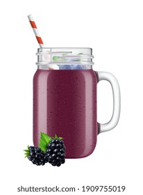 Set of isolated realistic jar images with smoothie cocktails fruit slices and straws on blank background vector illustration