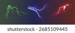 Set of the isolated realistic lightnings with transparency for design. Thunder-storm and lightnings. Magic and bright lighting effects. Natural effects