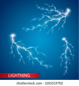 Set of the isolated realistic lightnings with transparency for design. Thunder-storm and lightnings. Magic and bright lighting effects. Natural effects