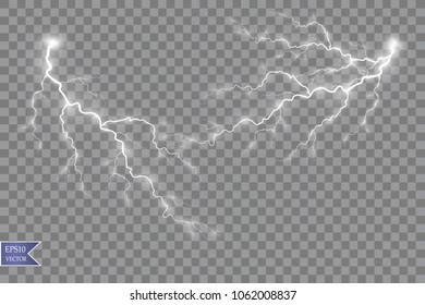Set of the isolated realistic lightnings with transparency for design. Thunder-storm and lightnings. Magic and bright lighting effects. Natural effects