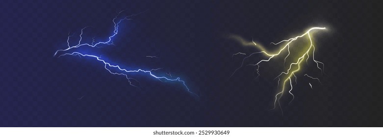 Set der einzelnen realistischen Blitze mit Transparenz für das Design. Gewitter und Blitze. Magische und helle Lichteffekte. Natürliche Wirkungen