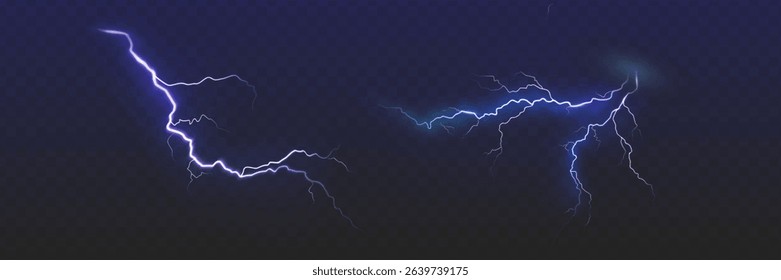 Set of the isolated realistic lightnings with transparency for design. Thunder-storm and lightnings. Magic and bright lighting effects. Natural effects