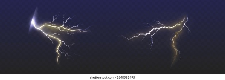 Set of the isolated realistic lightnings with transparency for design. Thunder-storm and lightnings. Magic and bright lighting effects. Natural effects