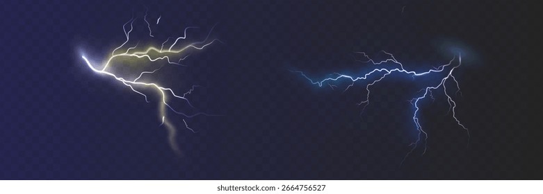 Set of the isolated realistic lightnings with transparency for design. Thunder-storm and lightnings. Magic and bright lighting effects. Natural effects