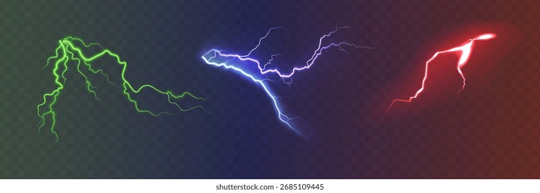 Set der einzelnen realistischen Blitze mit Transparenz für das Design. Gewitter und Blitze. Magische und helle Lichteffekte. Natürliche Wirkungen