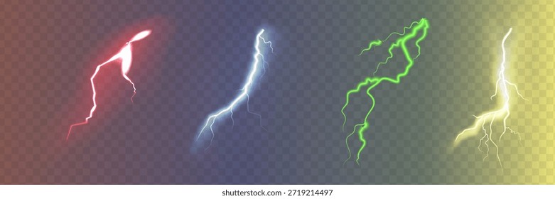 Conjunto de los relámpagos realistas aislados con transparencia para el diseño. Tormenta de truenos y relámpagos. Efectos de iluminación mágicos y brillantes. Efectos naturales