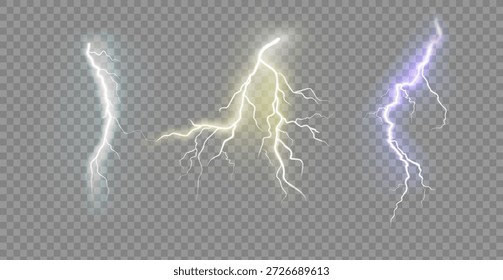 Set der einzelnen realistischen Blitze mit Transparenz für das Design. Gewitter und Blitze. Magische und helle Lichteffekte. Natürliche Wirkungen