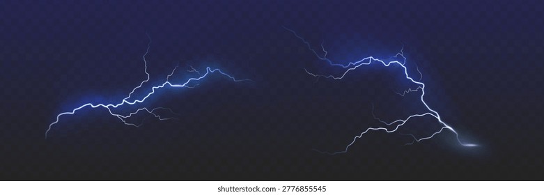 Set of the isolated realistic lightnings with transparency for design. Thunder-storm and lightnings. Magic and bright lighting effects. Natural effects
