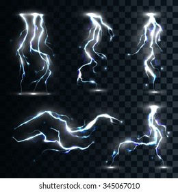 Set of the isolated realistic lightnings with transparency for design.  Magic and bright lighting natural effects Thunder-storm