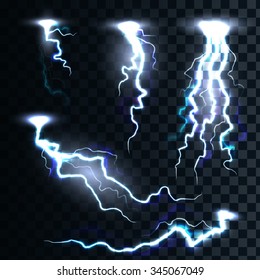 Set of the isolated realistic lightnings with transparency for design.  Magic and bright lighting natural effects Thunder-storm