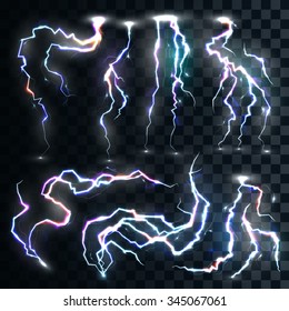 Set of the isolated realistic lightnings with transparency for design.  Magic and bright lighting natural effects Thunder-storm