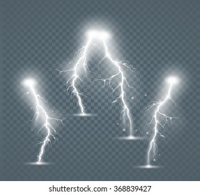 Set of the isolated realistic lightnings with transparency for design.  Natural effects