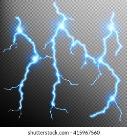 Set of the isolated realistic lightnings with transparency for design. Natural effects. EPS 10