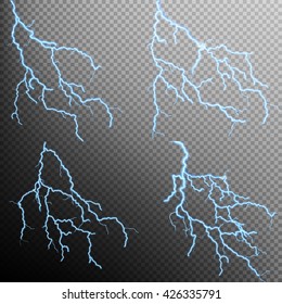 Set of the isolated realistic lightnings with transparency for design. Natural effects. Magic and bright lighting effects. Thunder-storm and lightnings.. EPS 10 vector file included