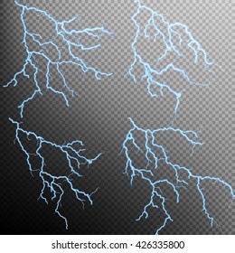 Set of the isolated realistic lightnings with transparency for design. Thunder-storm and lightnings. Magic and bright lighting effects. Natural effects. EPS 10 vector file included