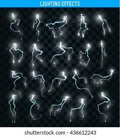 Set of the isolated realistic lightnings with transparency for design.  Magic and bright lighting natural effects Thunder-storm