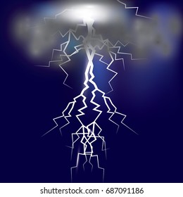 Set of the isolated realistic lightnings with transparency for design. Thunder-storm and lightnings. Magic and bright lighting effects. Natural effects