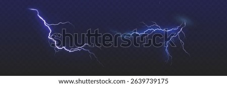 Set of the isolated realistic lightnings with transparency for design. Thunder-storm and lightnings. Magic and bright lighting effects. Natural effects